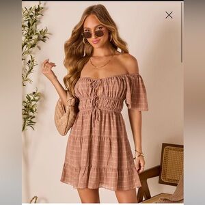 Vici Off-Shoulder Mini Dress in Brown